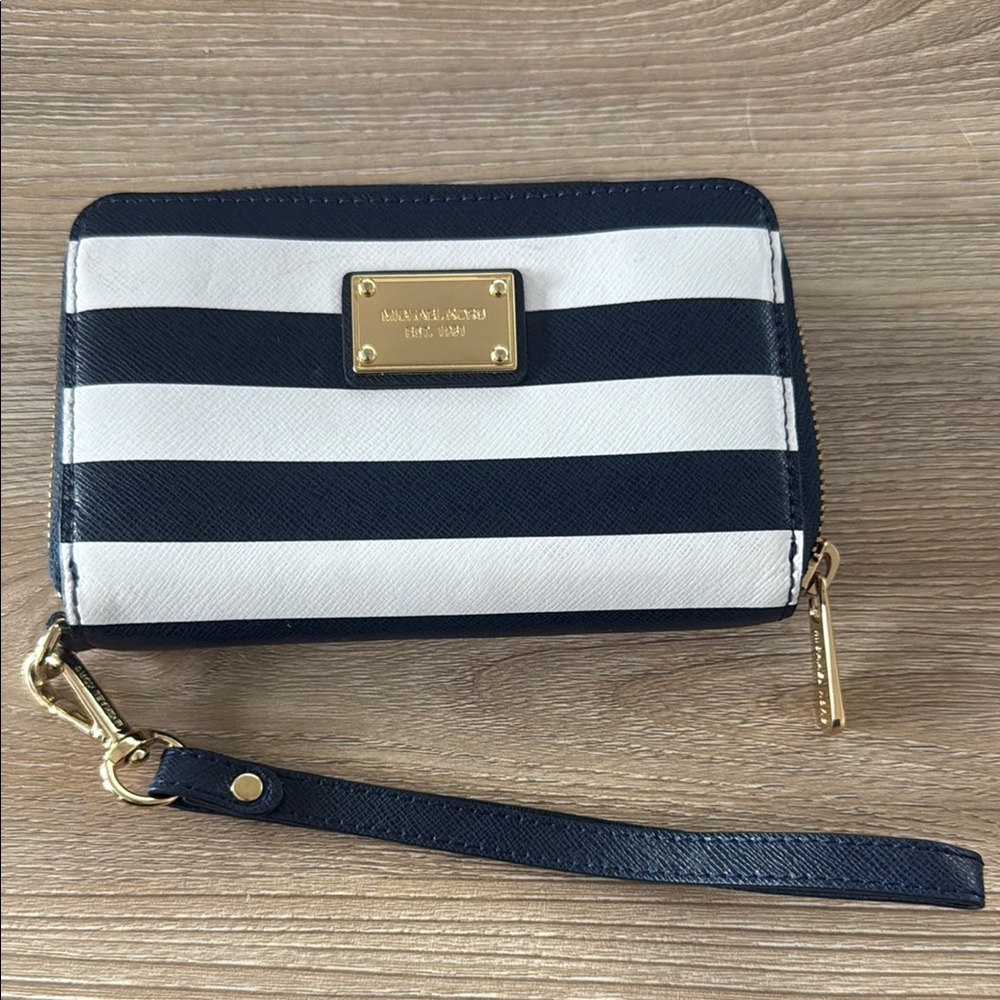 Michael Kors- Navy and White Striped Clutch with Wrist Strap